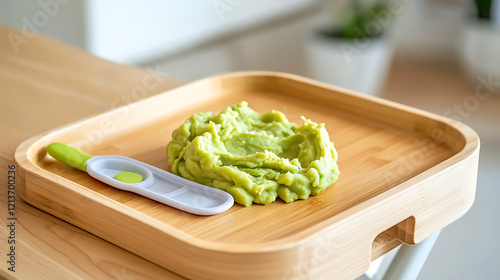 Creamy mashed avocado served on wooden high chair tray with silicone spoon, highlighting nutritious infant meal preparation photo