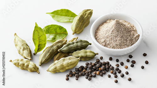 A collection of cardamom pods, ground cardamom, and crushed seeds. photo