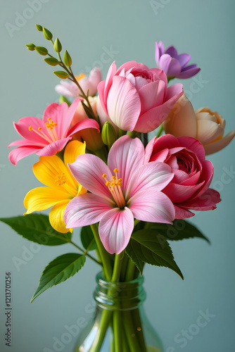 Soft Pastel Flower Bouquet in Glass Vase Capturing Spring's Delicate Beauty