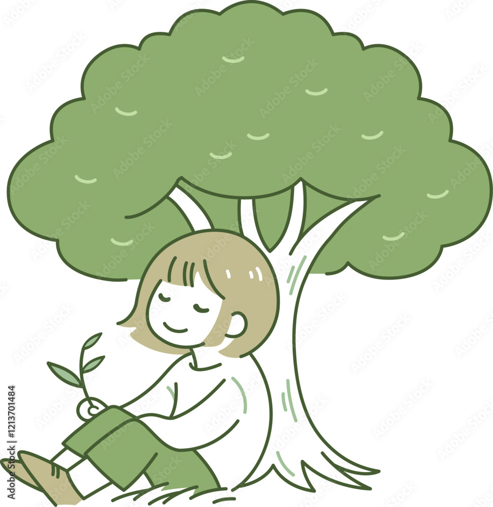 Obraz premium 木の下に座ってリラックスしている女性のイラスト素材_グリーン