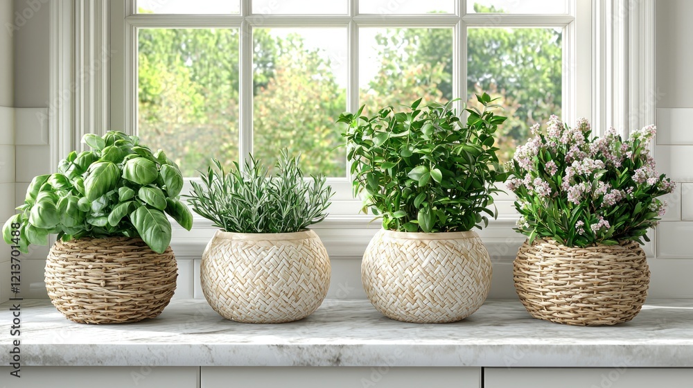 Fototapeta premium Kitchen window herbs, sunlight, pots, decor, gardening.
