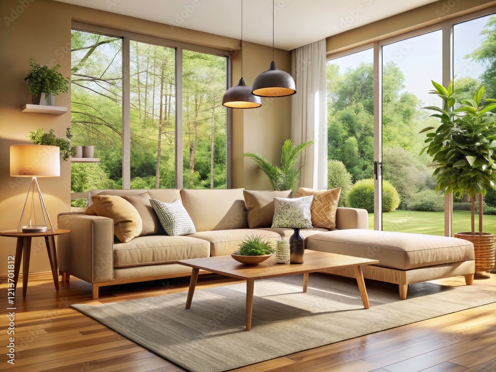 Serene Minimalist Living Room Design: Beige Sofa, Wooden Coffee Table, Natural Light, 3D Render, Interior Design, Modern Home Decor