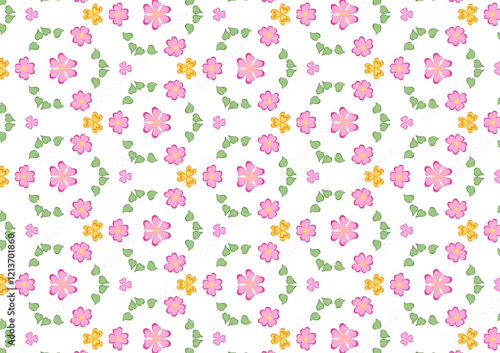 Seamless pattern featuring pink and yellow flowers with green leaves on a white background, creating a cheerful and playful design. Seamless pattern featuring pink and yellow flowers with green leaves on a white background, creating a cheerful and playful design.