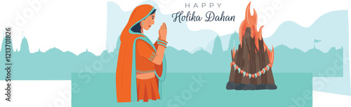 Ceremonial Holika Dahan Festival Greetings Illustration Celebrates Holika Dahan with bonfire rituals and festive decor.