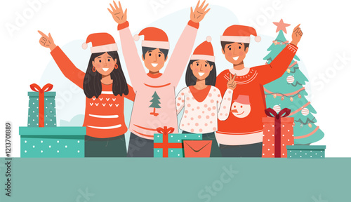 Christmas Celebration with Friends and Gifts Illustration Features a joyful scene of friends exchanging gifts during Christmas festivities.
