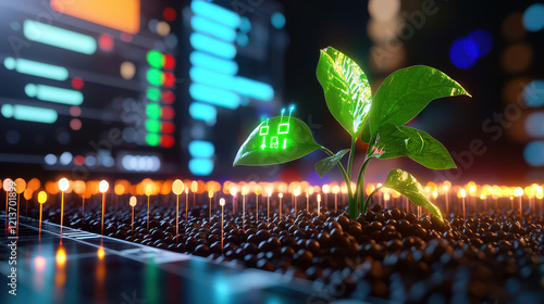 futuristic scene of soy farming with technology, showcasing vibrant plant growing amidst digital elements and glowing lights, symbolizing innovation in agriculture
