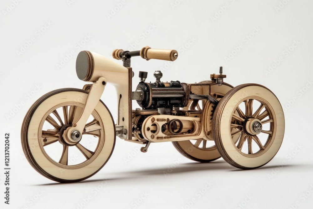 Fototapeta premium Wooden model of a vintage tricycle motorcycle.