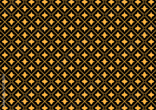 Seamless black background featuring a symmetrical gold diamond and star pattern, perfect for luxury designs, decor, and textiles.