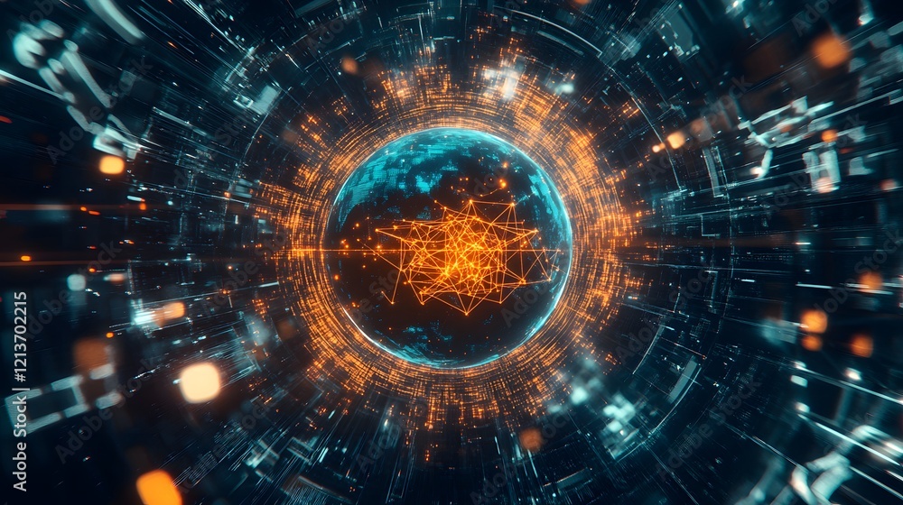 Obraz premium Futuristic Earth-centered network with glowing crypto nodes and IoT connections, symbolizing global digital connectivity