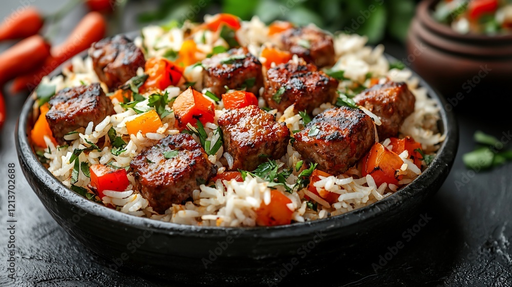 Grilled meat cubes and rice with roasted peppers. Grilled meat cubes and rice with roasted peppers.