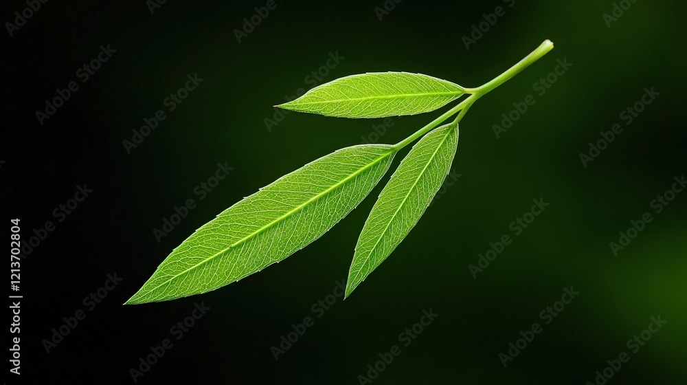 Vibrant Green Leaves: Close-up of three bright green leaves, sharply detailed against a deep green background, exuding freshness and natural beauty. Vibrant Green Leaves: Close-up of three bright green leaves, sharply detailed against a deep green background, exuding freshness and natural beauty.