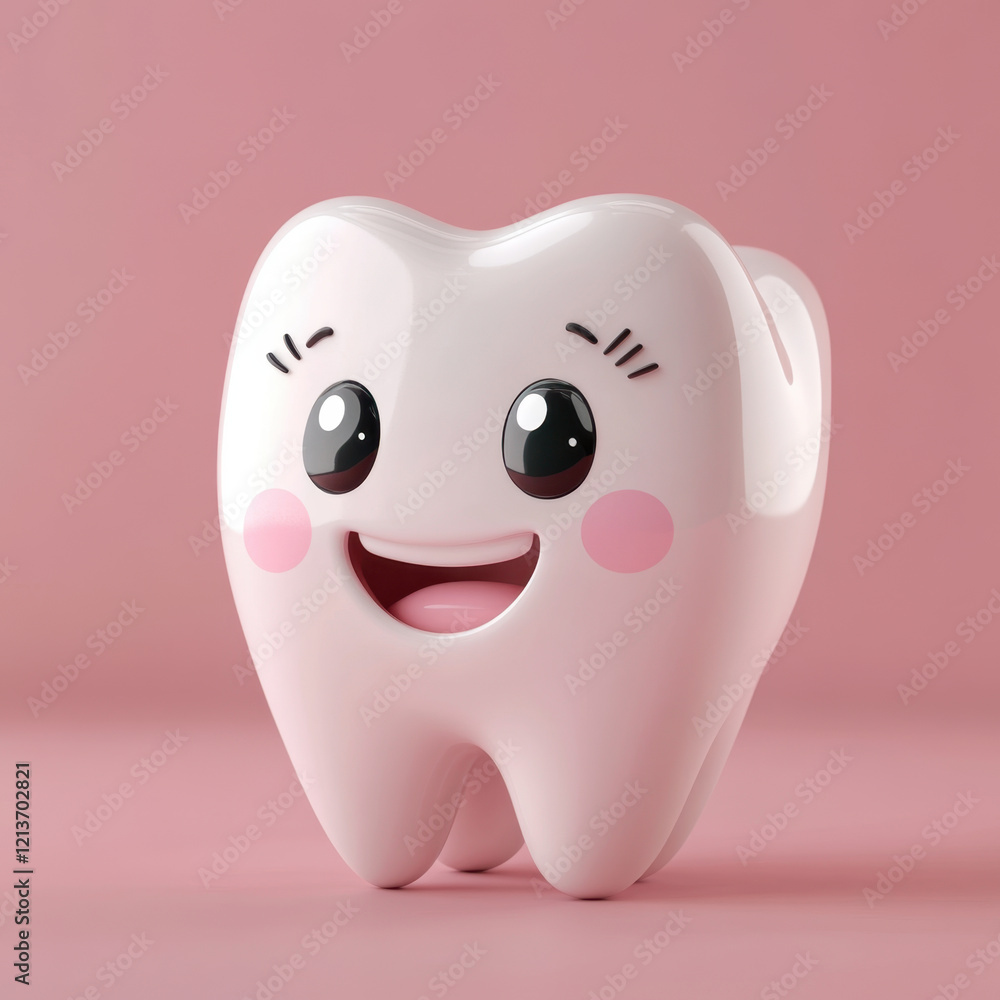 Cute tooth character with smiling face and big eyes, designed in 3D style with pastel colors, perfect for dental themes and children products Cute tooth character with smiling face and big eyes, designed in 3D style with pastel colors, perfect for dental themes and children products