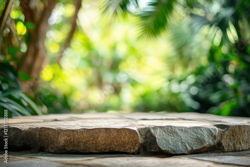 Stone platform, jungle backdrop, sunlight, product display (1) photo