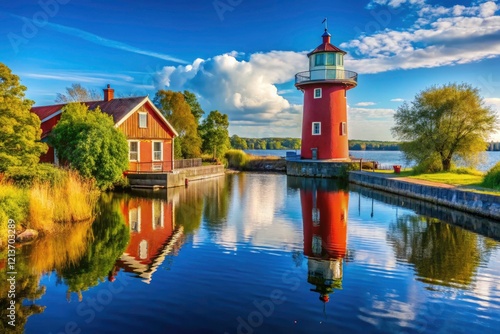 Sjotorp Lighthouse, Gota Canal Sweden - Scenic Coastal Image,  Swedish Canal Lighthouse Photography photo