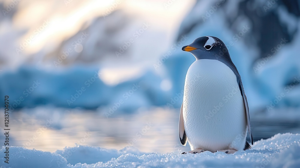 Obraz premium Solitary penguin stands gracefully on icy terrain, showcasing its unique features against a serene backdrop of ice and water., Copy space
