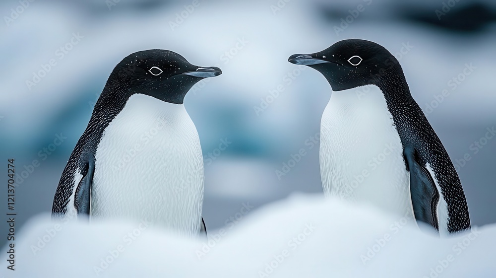 Fototapeta premium Two charming penguins face each other amidst a snowy landscape, showcasing their unique features and playful demeanor., Copy space