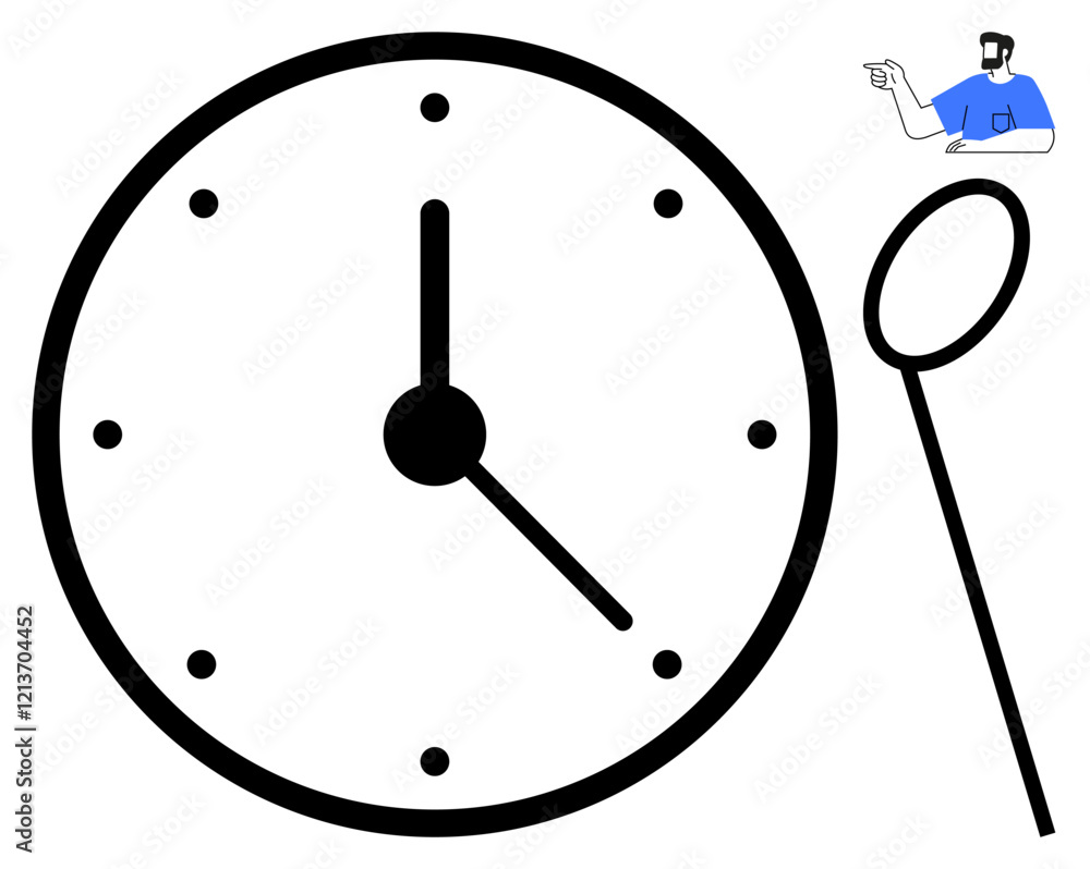 Clock with simple black hands and dots representing hours. Adjacent is a magnifying glass and a figure in blue indicating forward. Ideal for productivity, efficiency, focus, schedule, punctuality Clock with simple black hands and dots representing hours. Adjacent is a magnifying glass and a figure in blue indicating forward. Ideal for productivity, efficiency, focus, schedule, punctuality