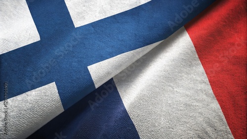 Close-Up of Intersecting Finnish and French Flags Displayed on Textured Fabric photo