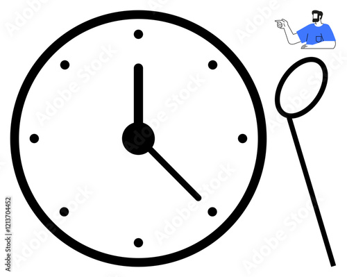 Clock with simple black hands and dots representing hours. Adjacent is a magnifying glass and a figure in blue indicating forward. Ideal for productivity, efficiency, focus, schedule, punctuality