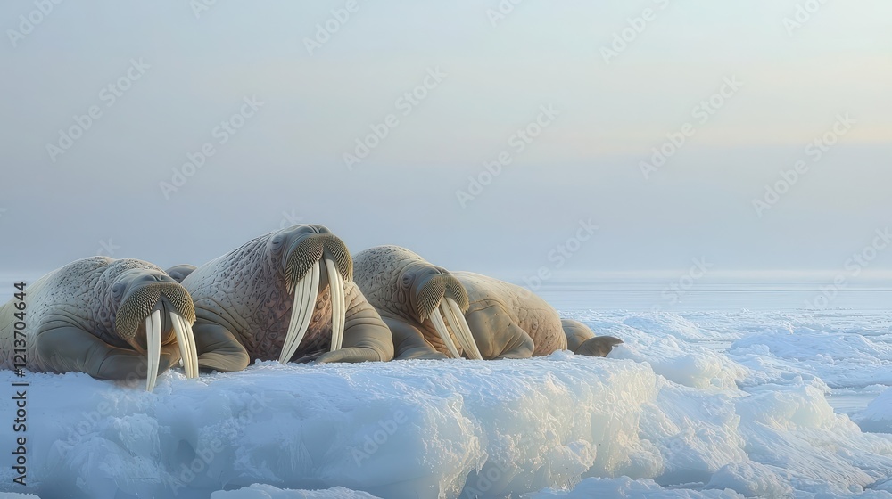 Fototapeta premium Walruses resting on an ice floe under soft blue light, showcasing their unique tusks and tranquil environment., Copy space