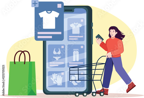 E-Commerce Illustration with Online Shopping on Mobile Showcases mobile shopping apps and user interactions.