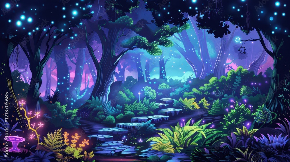 Enchanted Forest Background Illustration for Fantasy Adventure Game Enchanted Forest Background Illustration for Fantasy Adventure Game