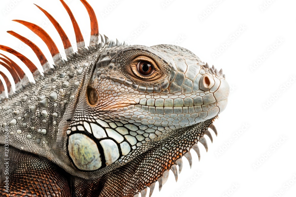 Majestic iguana showcasing intricate features and vivid colors against a pristine white background Majestic iguana showcasing intricate features and vivid colors against a pristine white background