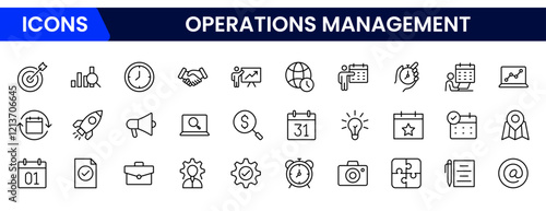 Operations management icon set. Containing production, logistics, supply chain, manufacturing, planning, inventory management, strategy, customer satisfaction and cost icons