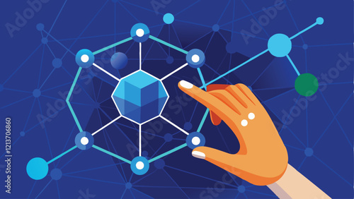 Human Hand Touching Molecule Polygon Blue Background Vector Illustration