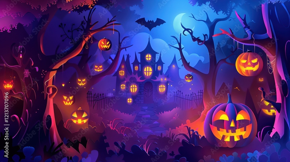 Colorful Abstract Illustration of a Festive Halloween Night Scene Colorful Abstract Illustration of a Festive Halloween Night Scene
