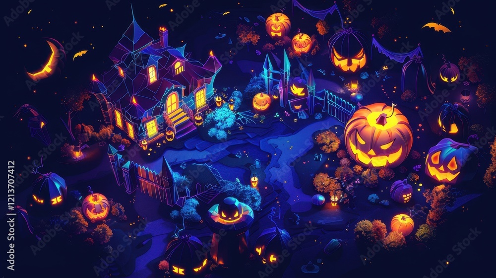 Colorful Halloween Festival Scene with Pumpkins and Haunted House Colorful Halloween Festival Scene with Pumpkins and Haunted House