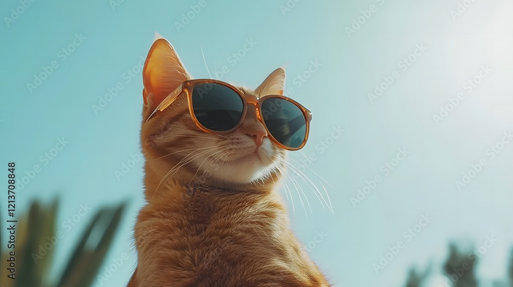 Fototapeta premium Playful ginger cat wearing sunglasses, exuding cool charm and modern style