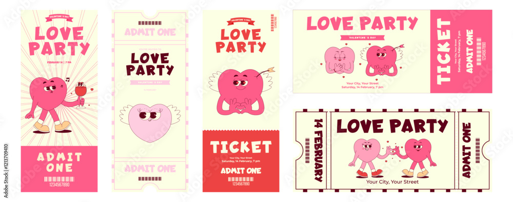 Colorful love party ticket set. Lovely heart character in retro groovy style. Details events, barcode, date, time. Valentines day, February 14. Horizontal and vertical vector illustration Colorful love party ticket set. Lovely heart character in retro groovy style. Details events, barcode, date, time. Valentines day, February 14. Horizontal and vertical vector illustration