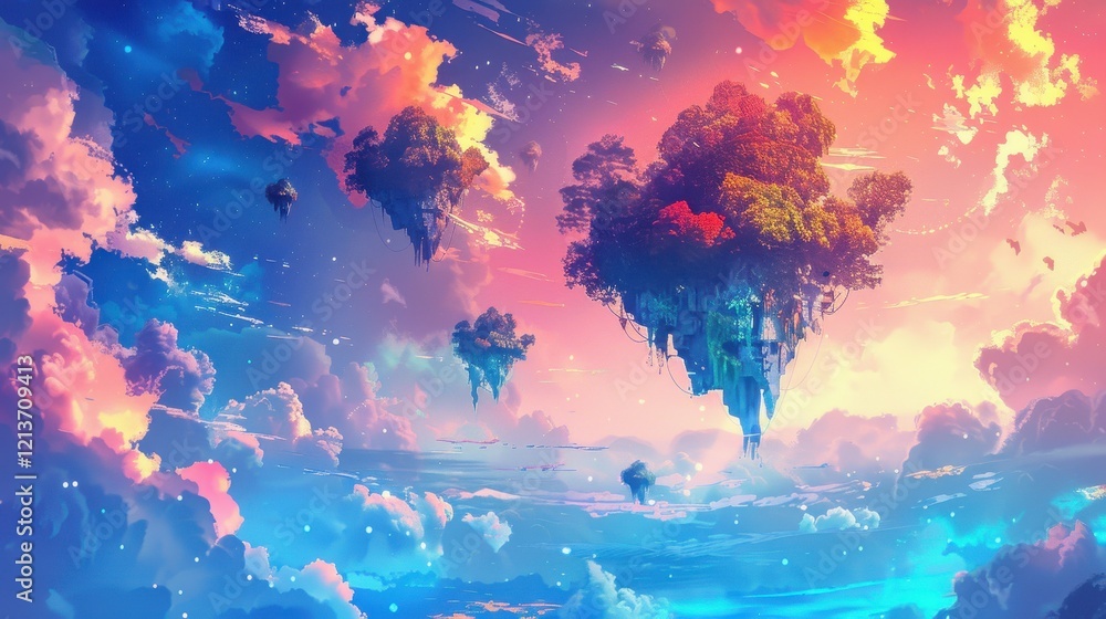 Surreal Abstract Illustration of Floating Islands in Cosmic Sky Surreal Abstract Illustration of Floating Islands in Cosmic Sky