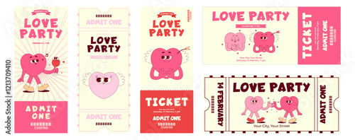 Colorful love party ticket set. Lovely heart character in retro groovy style. Details events, barcode, date, time. Valentines day, February 14. Horizontal and vertical vector illustration