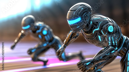 Futuristic Robots poised at the starting line, ready for a high-tech race. Sleek metallic bodies with vibrant blue glowing accents