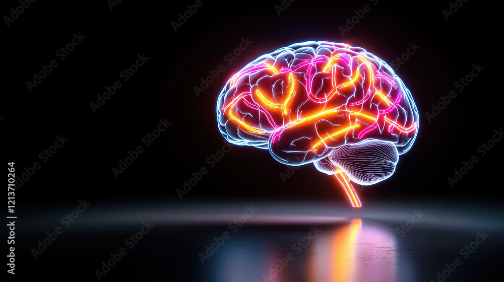 vibrant illustration of human brain with glowing neural pathways, showcasing intricate connections and activity. This artistic representation highlights complexity of mind