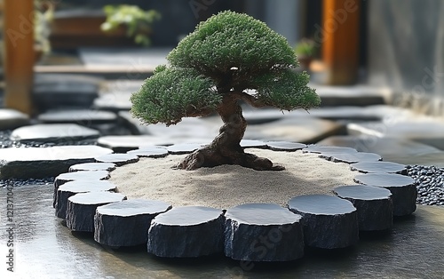 Bonsai tree in a zen garden.