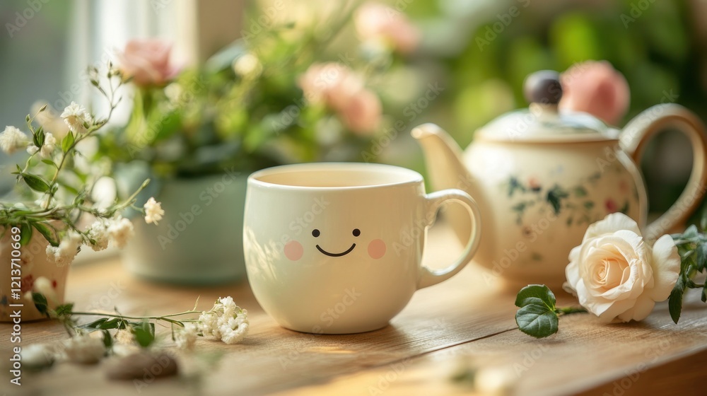 A cheerful cup with a smile beside a teapot and flowers on a wooden table. A cheerful cup with a smile beside a teapot and flowers on a wooden table.
