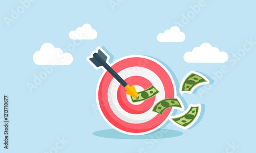 An arrow targets money until it sticks to a target board, illustration of targeting an increased financial condition