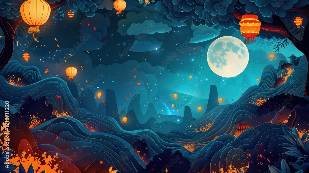 Joyous Abstract Illustration of a Nighttime Landscape with Lanterns Joyous Abstract Illustration of a Nighttime Landscape with Lanterns