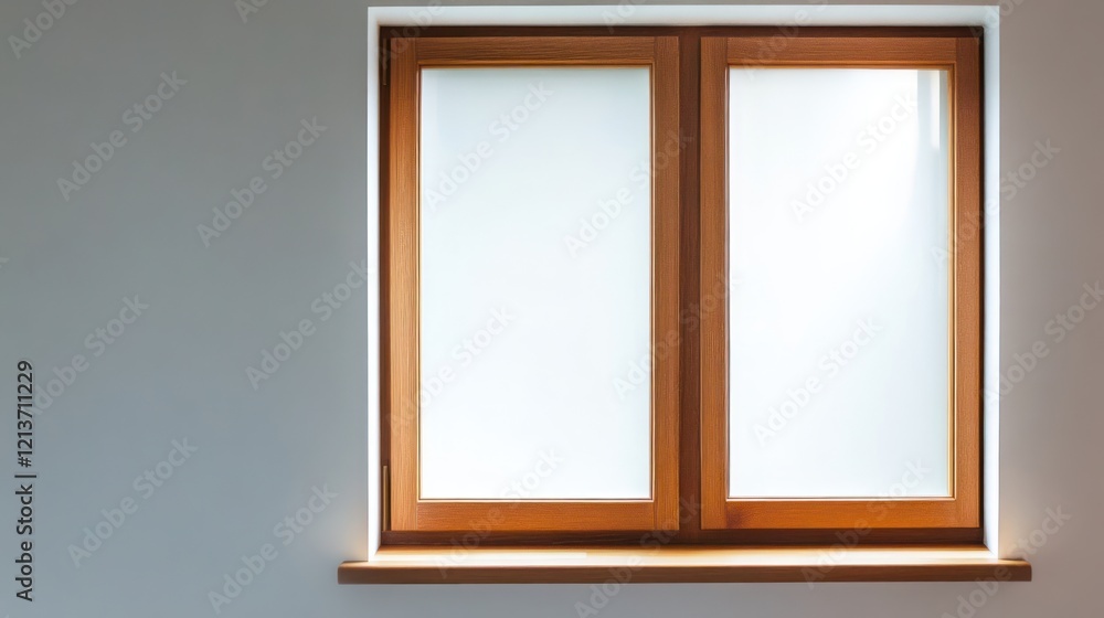 A wooden-framed window with frosted glass, allowing soft light into a minimalist space. A wooden-framed window with frosted glass, allowing soft light into a minimalist space.
