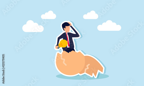 A businessman emerges from an eggshell holding a lit lamp, illustration of recruiting employees who can bring new ideas to business