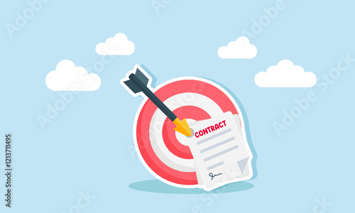 An arrow targets a contract paper until it sticks to a target board, illustration of targeting acquiring a new business project contract