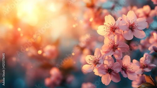 Pink cherry blossoms sunset garden spring background