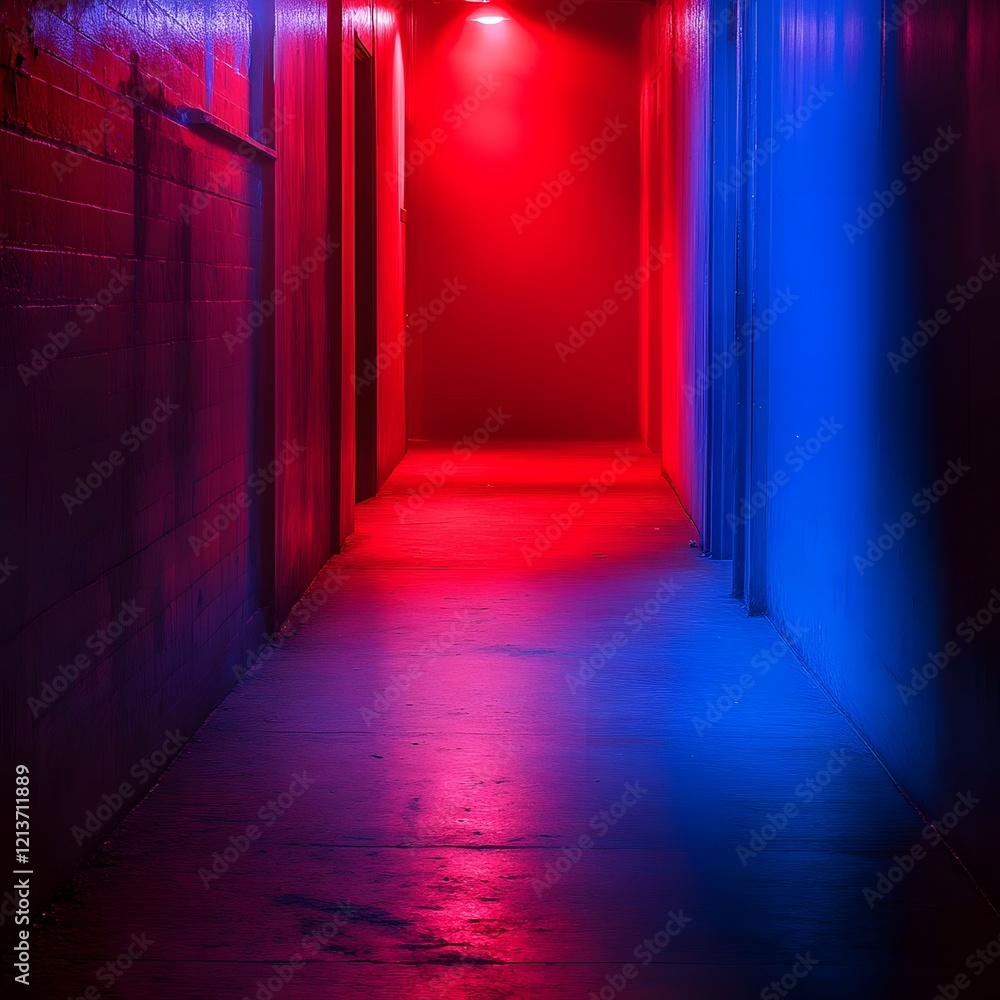 Fototapeta premium Striking Contrast of Red and Blue Lights in a Captivating Hallway Design