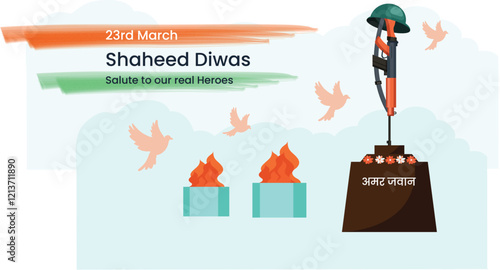 Shaheed Diwas Illustration with Soldiers Memorial and Flame Honors martyrs with a memorial and eternal flame on Shaheed Diwas.