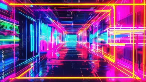 Neon tunnel, vibrant colors, digital art, futuristic background, tech visuals