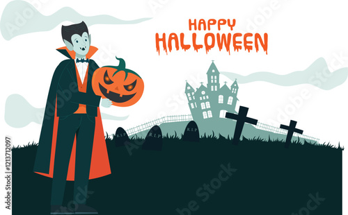 Vampire Hosts Halloween Night at Haunted Graveyard Illustration Highlights a vampire hosting a Halloween party in a haunted graveyard.