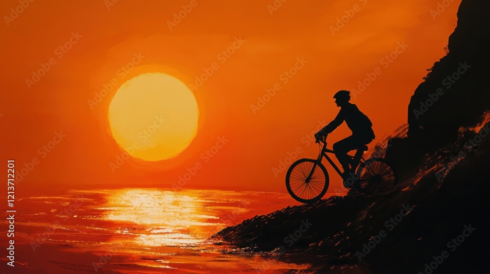 Fototapeta premium A cyclist silhouetted against a vibrant sunset over the ocean.